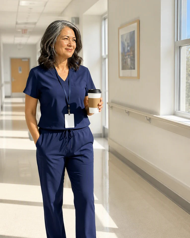 Donna in scrubs on a hospital corridor, coffee in hand, mid-shift