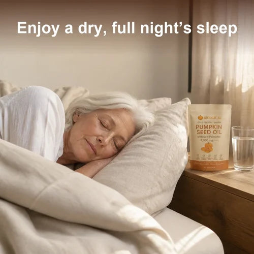 Enjoy a dry, full night's sleep: a woman asleep at dawn with the Biolgical pumpkin seed oil pouch on her nightstand