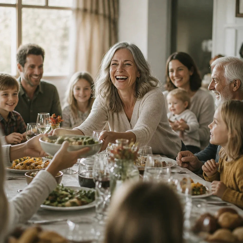 A woman of 60 laughing at the head of a long family lunch table