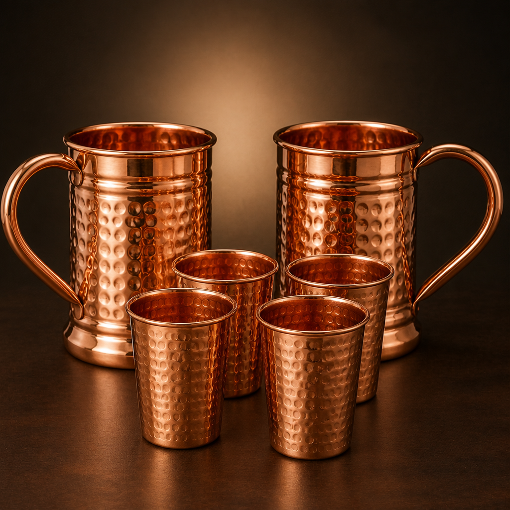 Copper cups and mugs complete set