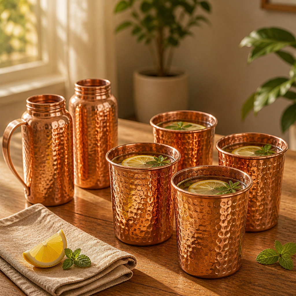 Copper drinkware set on the table