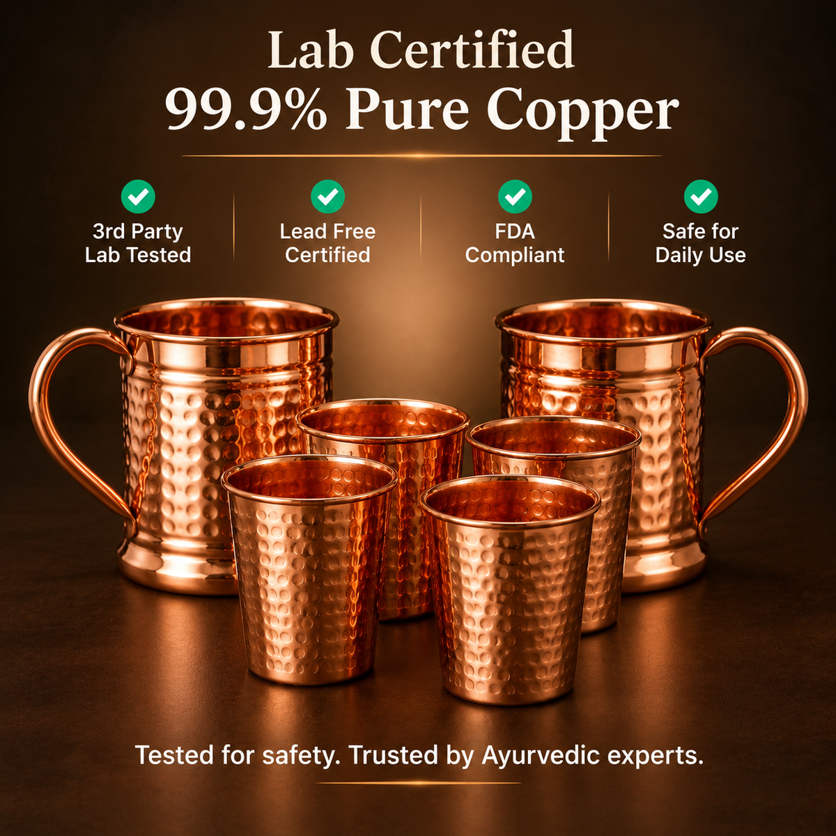 Lab certified 99.9% pure copper cups and mugs