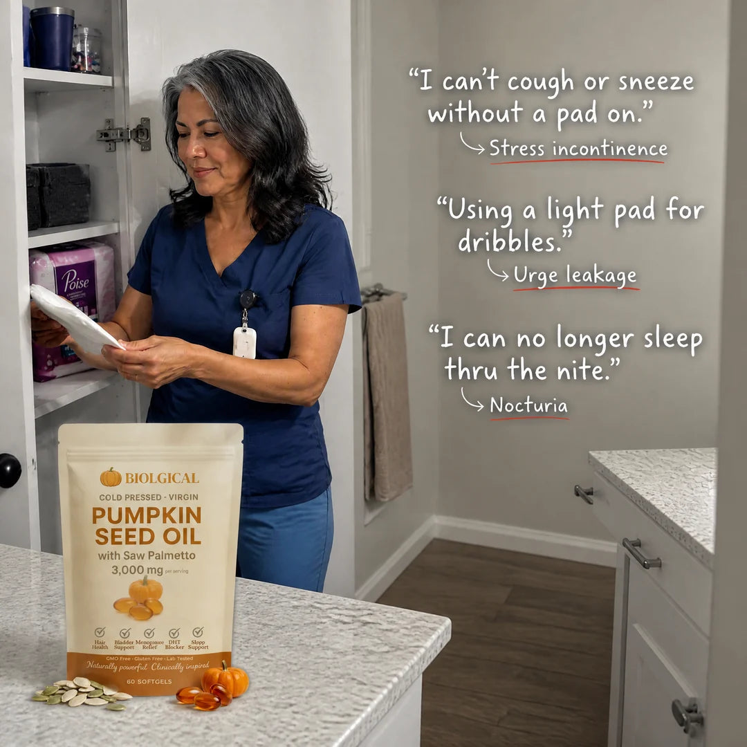 Her own words at the bathroom cabinet: stress incontinence, urge leakage, nocturia
