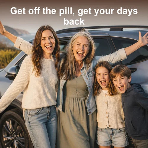 Get off the pill, get your days back: a woman laughing with her daughter and grandchildren at a rest stop