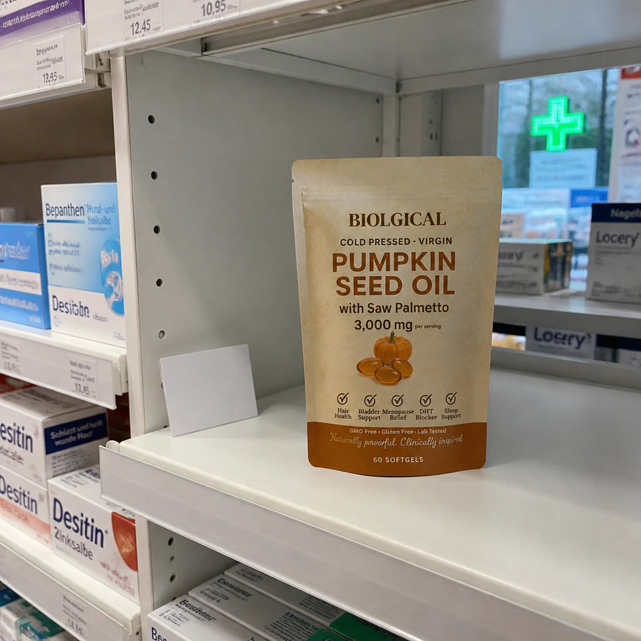 The last Biolgical pouch on an emptied German Apotheke shelf