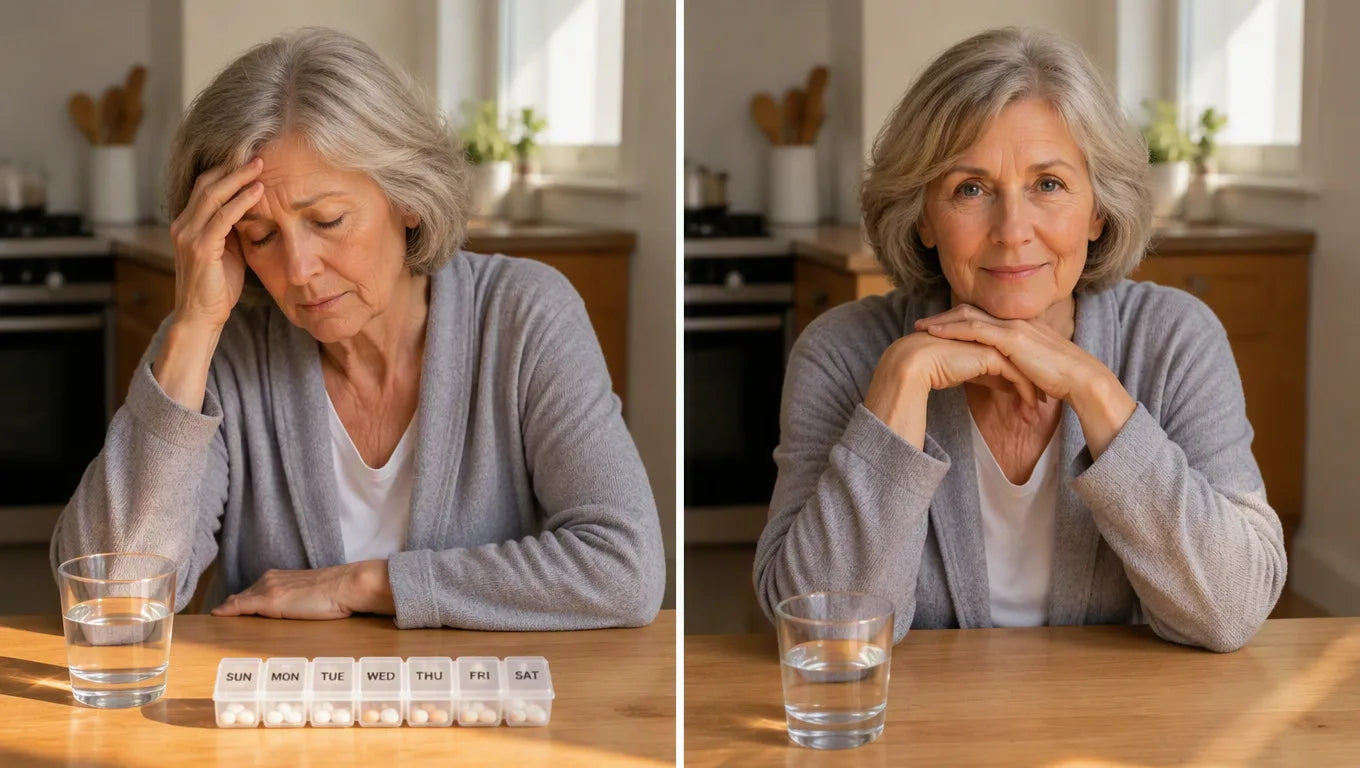 An older woman at her kitchen table beside a weekly pill organizer, mid-thought about the kitchen floor